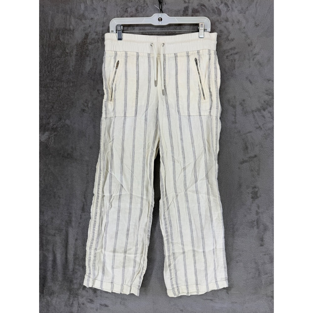 Athleta Womens Linen Wide Leg Striped Pants Cream Grey 406735 Size 4 Relaxed